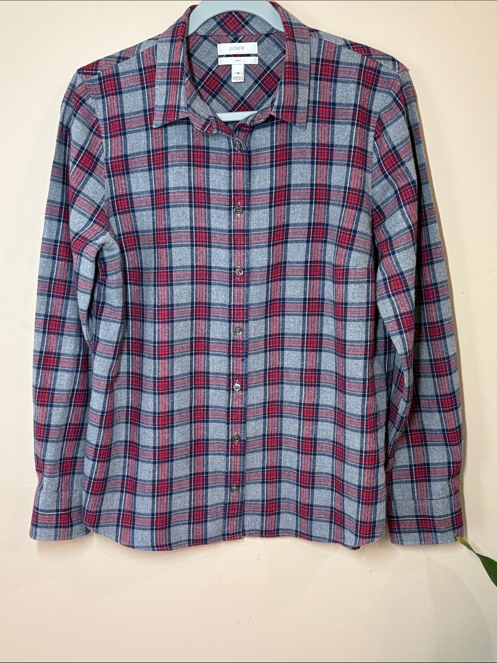 J. Crew Women’s Boy Cut Plaid Button-Down Flannel in Gray and Red